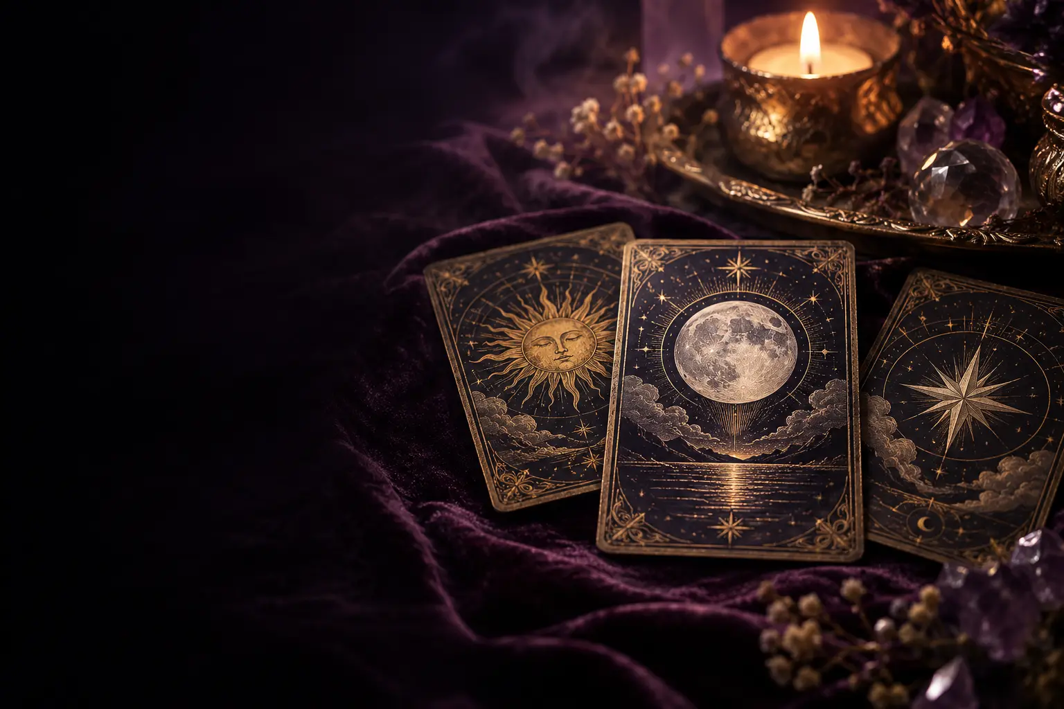 Celestial tarot cards on candlelit violet velvet